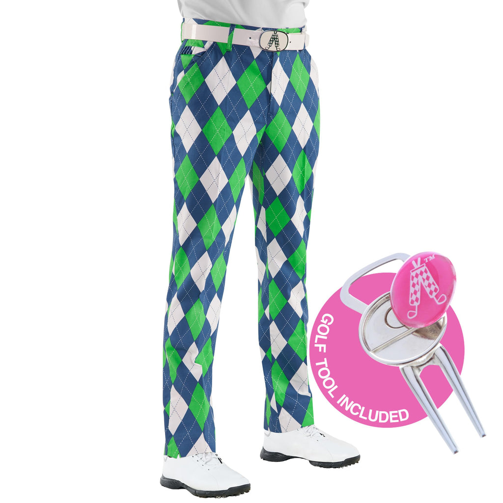 King's Diamond Trousers (Colorful, Funky, Golf Pants - Green Checkered Pants)