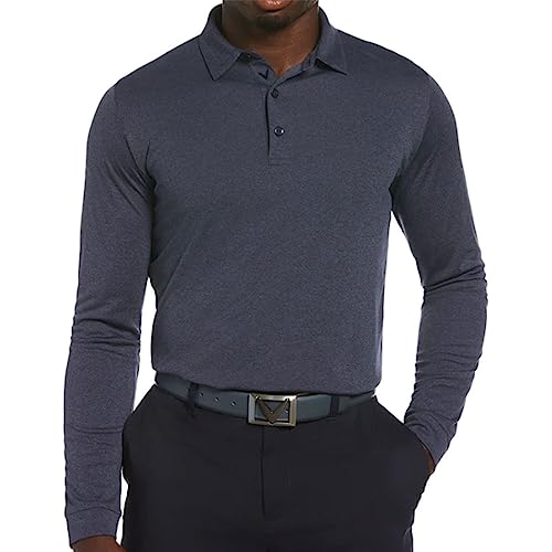 Callaway Mens Essential Long Sleeve Golf Polo Shirt With Swing Tech And Opti-Dri Technology Ventilated Fabric & Sun Protection (Sizes S-4Xl) Navy Chambray Heather Small