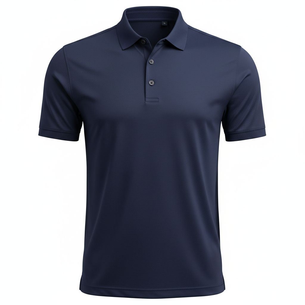 Navy blue men's performance golf polo shirt on white background